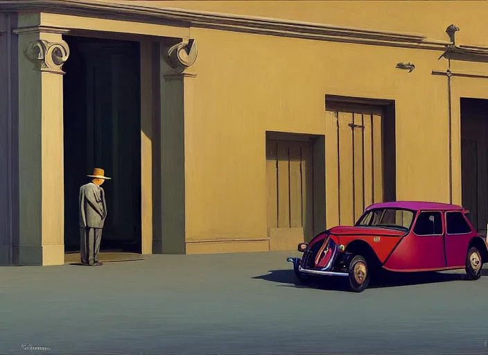 Image similar to aslouchy elegant old man with stands at citroen ds 1 9 in grim rome, highly detailed, soft lighting, elegant, by edward hopper and james gilleard, zdzislaw beksinski, steven outram, highly detailed