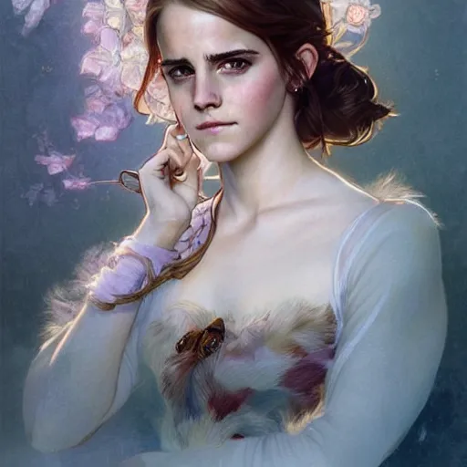 Prompt: a beautiful portrait of emma watson as a neko catgirl, fantasy, intricate, elegant, highly detailed, digital painting, artstation, concept art, matte, sharp focus, illustration, art by greg rutkowski and alphonse mucha