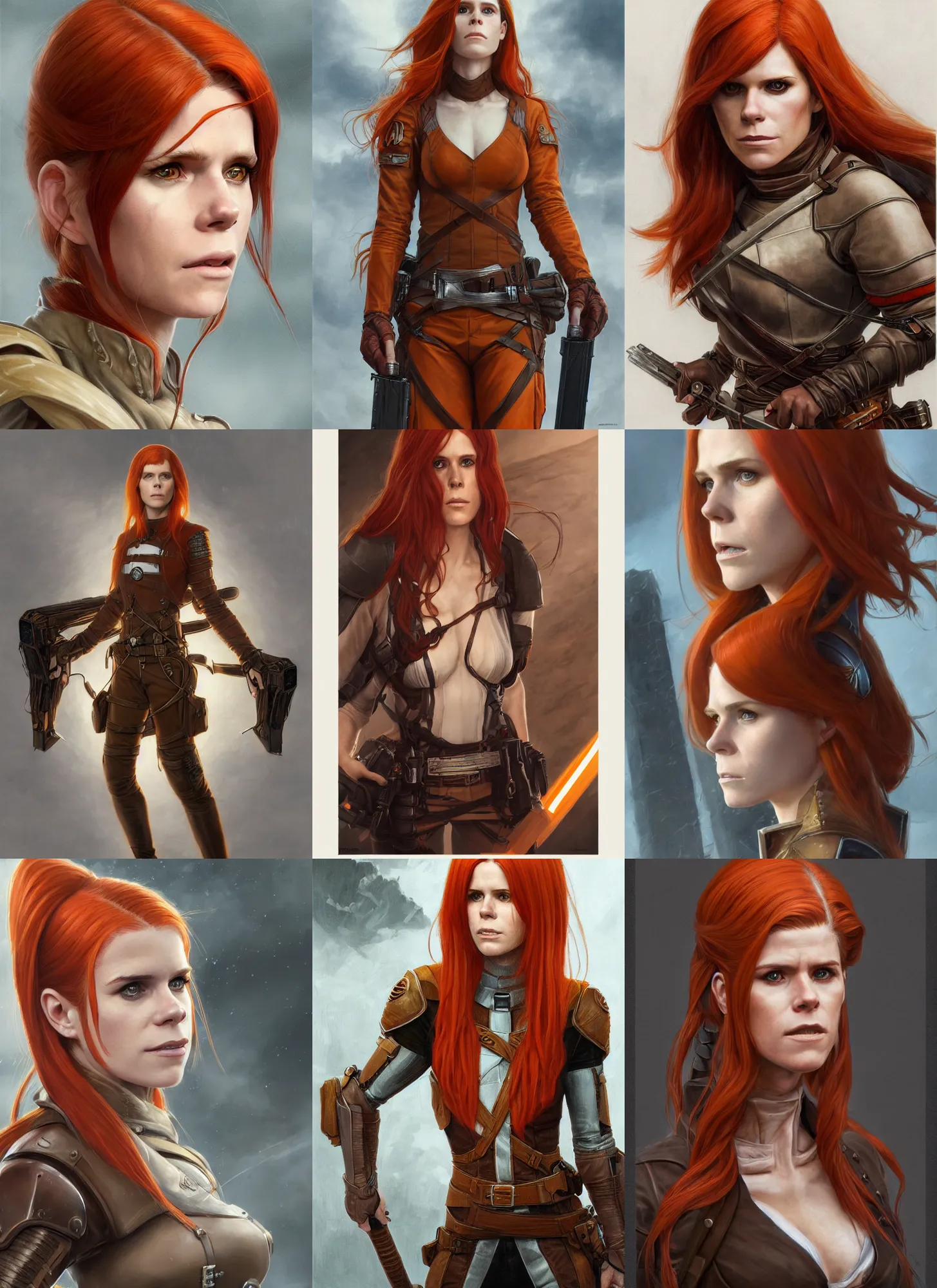 Prompt: a portrait of kate mara, she has long redorange hair, wearing an attack on titan uniform, medieval, style by donato giancola, wayne reynolds, jeff easley dramatic light, high detail, cinematic lighting, artstation, dungeons and dragons