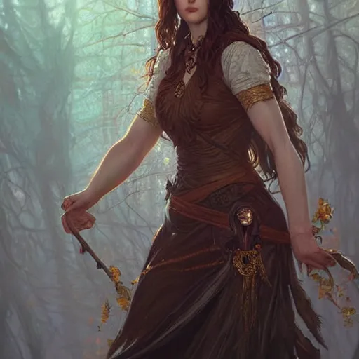 Image similar to beautiful druid witch maiden girl, Alexandra Daddario, intricate, elegant, highly detailed, digital painting, artstation, concept art, smooth, sharp focus, illustration, art by artgerm and greg rutkowski and alphonse mucha