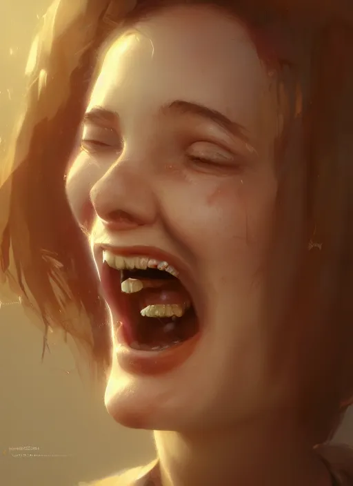 Prompt: hyper realistic photography portrait of beautiful laughing girl cinematic, vallejo, full shot, craig mullins greg rutkowski, artstation, cgsociety