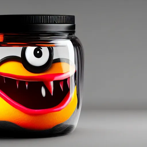 Image similar to Evil monster in a jar, product photography, centered, studio lightning