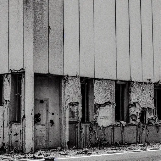 Prompt: A filthy cracked building, vegetation forming, in a town filled with pale yellow mist. Dystopian. End of the world. Film grain. Documentary photo. Sigma 40mm f/1.4 DG HSM