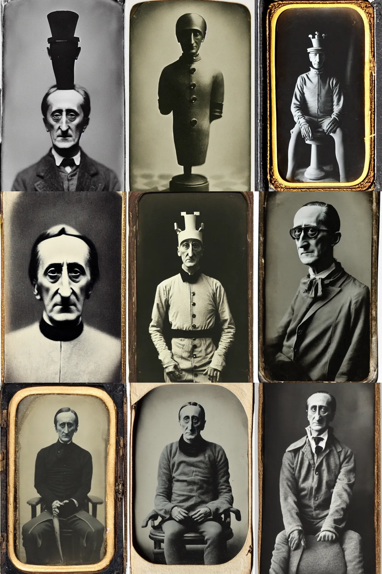 Prompt: tintype portrait of marcel duchamp in a chess piece costume