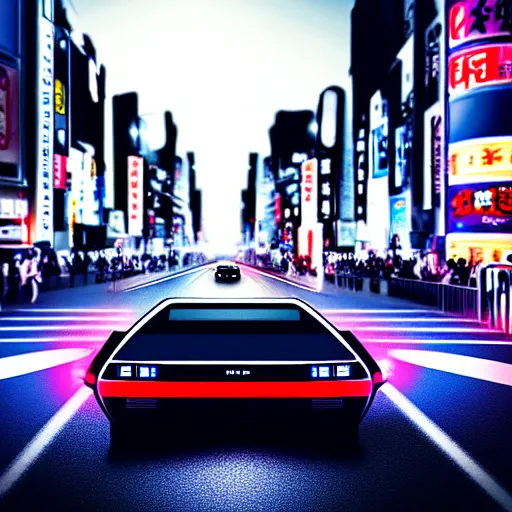 Prompt: a car Delorean in middle of road, shibuya prefecture, night city, cinematic color, photorealistic, highly detailed