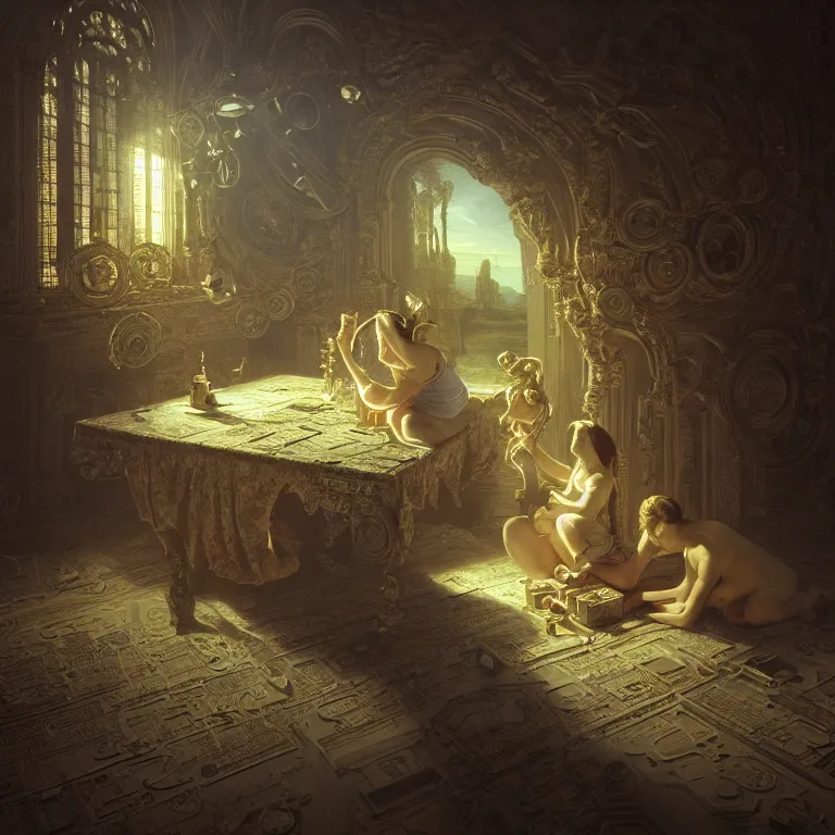Image similar to motherboard, chip circuit, computer, dream - like atmosphere, baroque landscape painting, perfect composition, beautiful detailed intricate insanely detailed octane render trending on artstation, 8 k artistic photography, photorealistic, soft natural volumetric cinematic perfect light, chiaroscuro, award - winning photograph, masterpiece, raphael, caravaggio, greg rutkowski, beeple
