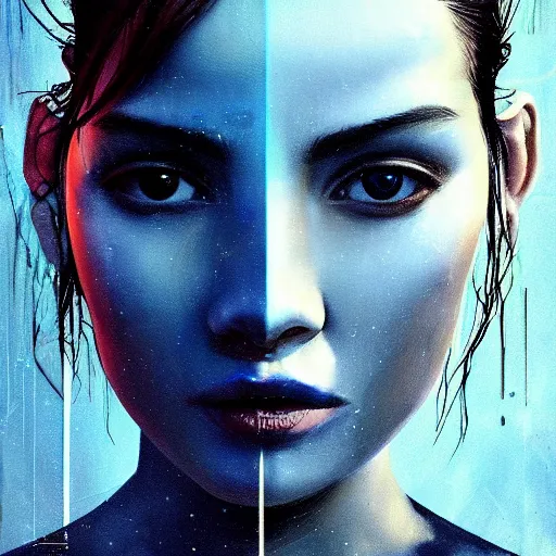 Image similar to 3 d, sci - fi, close - up, morning, smiling fashion model face, sun, cinematic, clouds, sun rays, vogue cover style, poster art, blue mood, realistic painting, intricate oil painting, high detail illustration, figurative art, multiple exposure, poster art, 3 d, by tooth wu and wlop and beeple and greg rutkowski