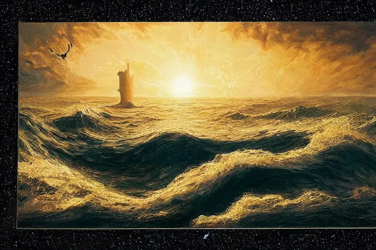 Prompt: miskatonic university big bang seascape in the style of dr. seuss,'interstellar directed by christopher nolan ', painting by albert bierstadt