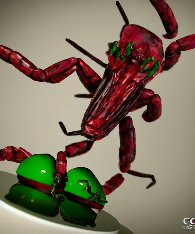 Prompt: green scorpion with translucent red joints, on a wedding cake, unreal engine, ultra realistic, 8 k
