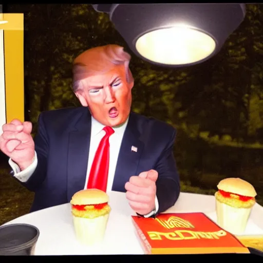 Prompt: Donald Trump eating McDonalds at a table, night vision, trail cam footage