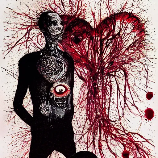 Prompt: Graphic Illustration, Creative Design, Human heart, Biopunk, Body horror, by Ralph Steadman, Francis Bacon, Hunter S Thompson