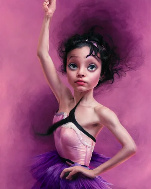 Image similar to young brook shields as a ballerina, perfect face, purple halter top, black hair, abs, cinematic, young adult, slim face, stunning, adorable, cute, athletic, strong, agile, highly detailed, psychedelic, digital painting, artstation, smooth, hard focus, illustration, art by jessica rossier and and brian froud