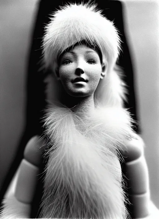 Image similar to realistic photo of a human model doll made of wood and covered with white dots, with a birds beak instead of the nose, white hairs and fluffy fur, center straight composition, front view 2 0 0 0, life magazine photo, museum archival photo