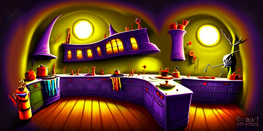 Prompt: curved perspective digital art of a dark!!!!!! kitchen from Tim Burtons Nightmare Before Christmas by Petros Afshar