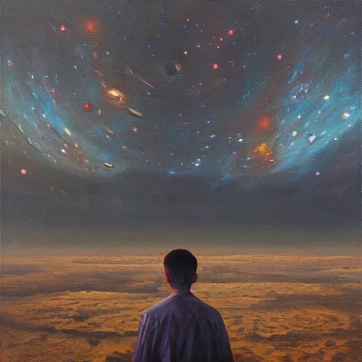 Prompt: “ an oil painting of a man surrounded by millions of aliens ”