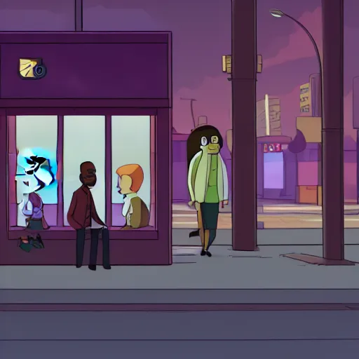 Image similar to a some people waiting in a lone bus stop in quiet dark city night in Rick and Morty series