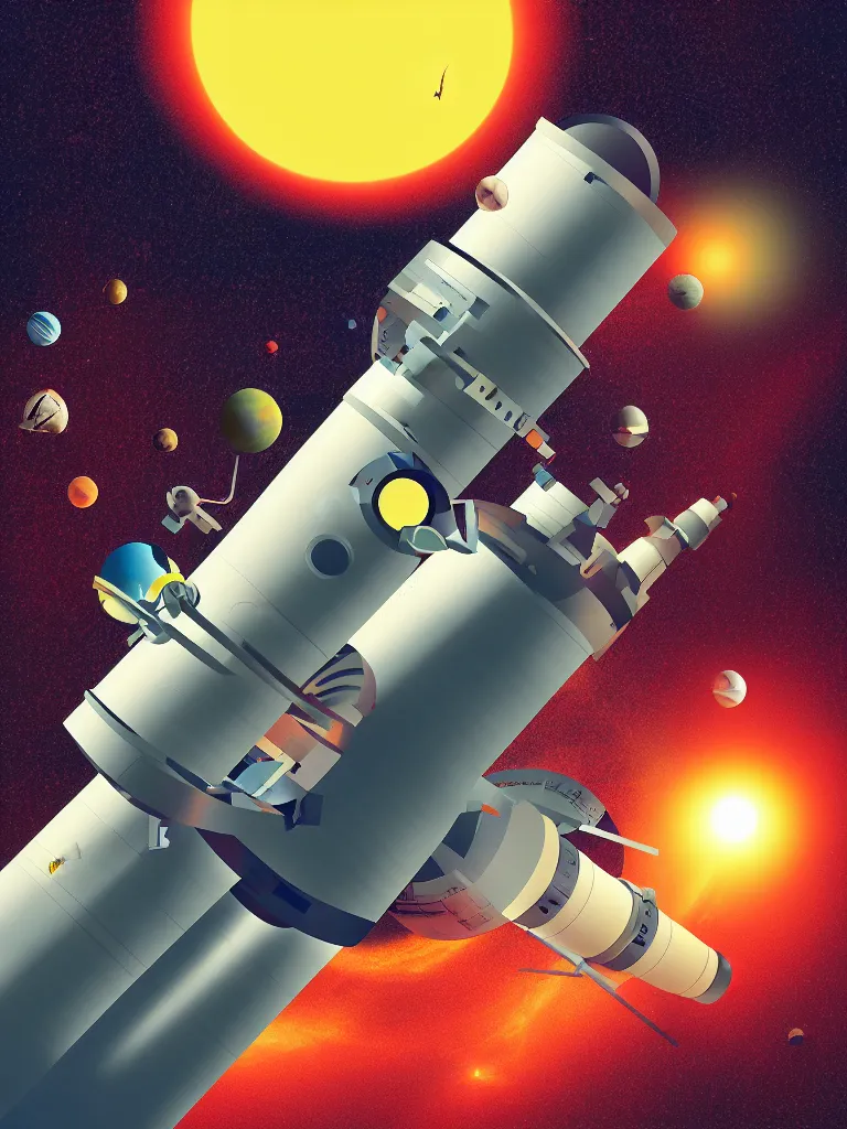 Image similar to editorial illustration scientific lab test tube telescope microscope spaceship artificial satellite, dynamic composition, detailed, matte print, dynamic perspective, colorful modern, mads berg