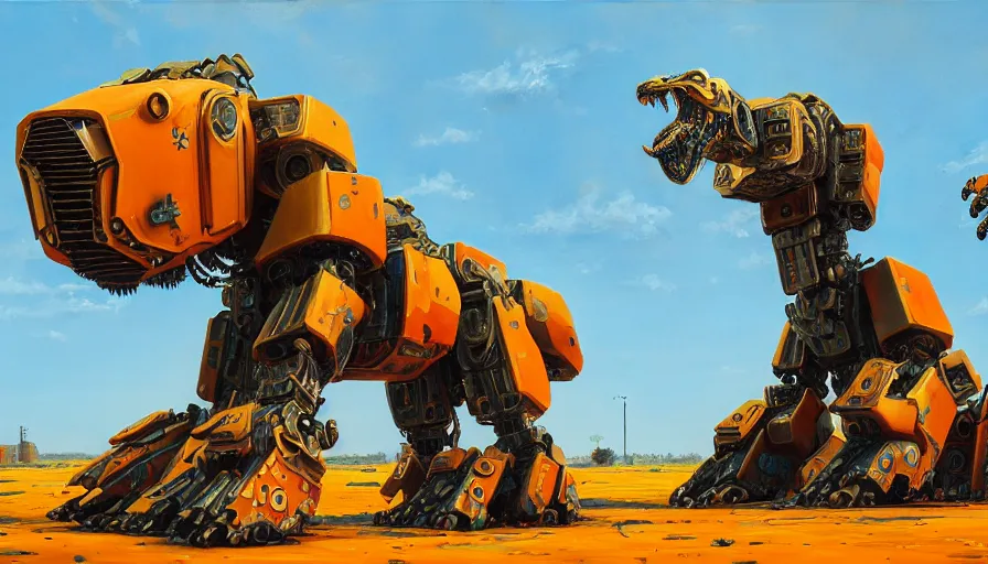 Prompt: an intricate oil painting of a giant south african armored cheetah shaped scrap metal mecha by simon stalenhag, yellow, orange and cyan paint decals