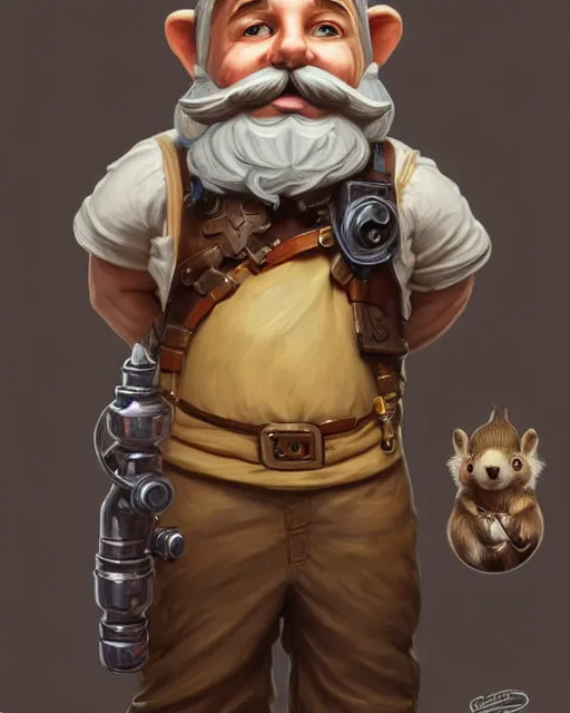 Prompt: A little engineer gnome with a bushy moustache, his tired and grubby with oil stains, standing next to a little mechanical squirrel , deep focus, D&D, fantasy, intricate, elegant, highly detailed, digital painting, artstation, concept art, matte, sharp focus, illustration, hearthstone, art by Artgerm and Greg Rutkowski and Alphonse Mucha