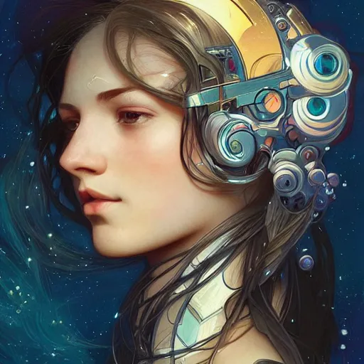 Image similar to Portrait of a girl with the universe in her head, headshot, art by Artgerm, Alphonse Mucha, science fiction, intricate, futuristic, exotic, epic, digital painting, cinematic lighting, sharp, insanely detailed, concept art, artstation, cgsociety