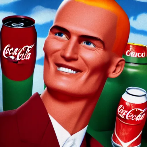 Image similar to coca cola man drinking a can of soda with max headroom's face on it, realistic, hyperrealistic, ultra realistic, real, real world, highly detailed, very detailed, extremely detailed, intricate details, 8 k resolution, hd quality