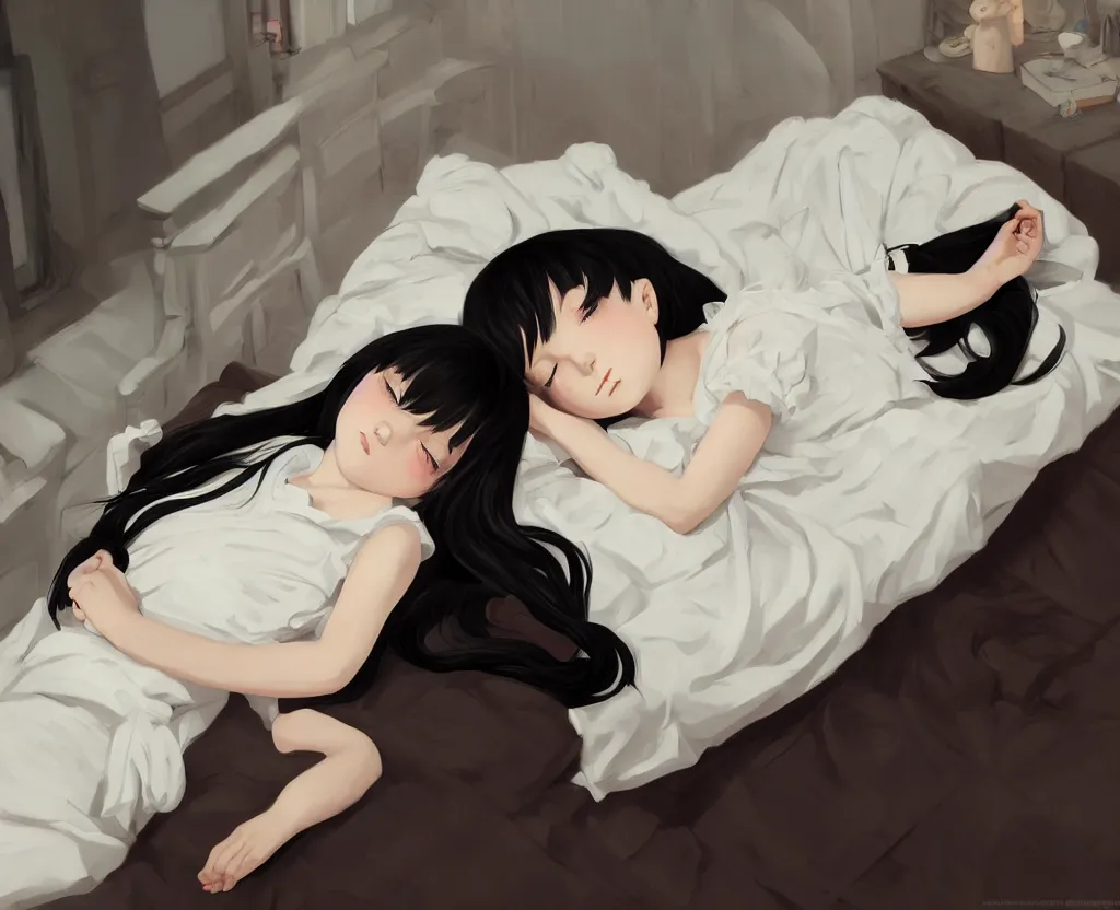 Prompt: room with an little girl with an long black hair dressed in a simple white dress sleeping, anime art style, digital art ilya kuvshinov, inspired by balthus, hd, 4 k, hyper detailed, dark, anatomically correct, angelic face