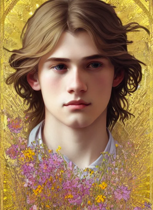 Prompt: pretty young man with shoulder length shiny shimmering golden blond hair, half body shot, emotional, decorative flower patterned background, path traced, highly detailed, high quality, digital painting, by studio ghibli and alphonse mucha, leesha hannigan, hidari, disney, jules bastien - lepage