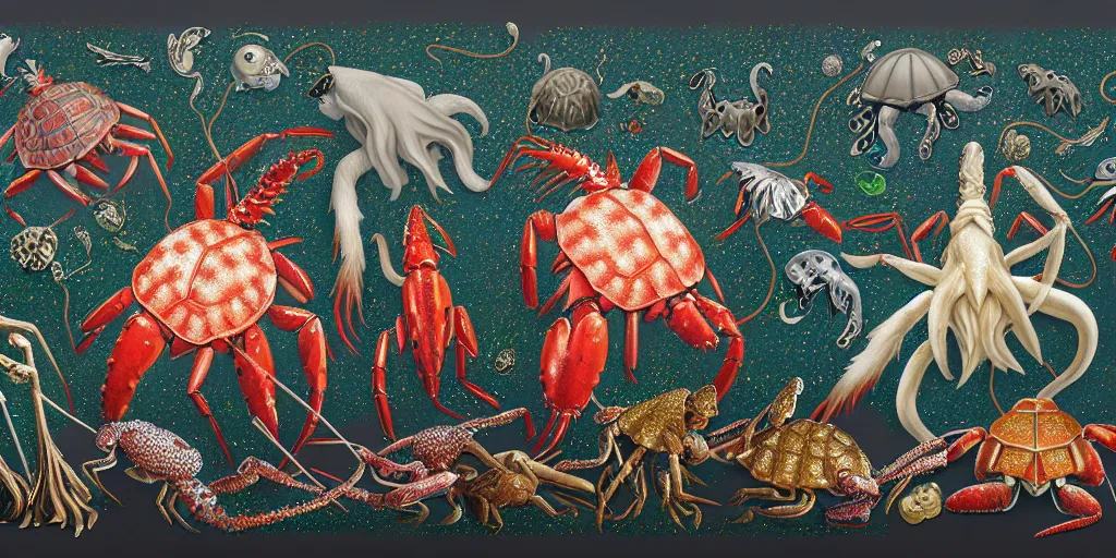 Image similar to imaginary animals, squid, horse, lobster, turtles by raqib shaw, made from oil metallic paint glitter rhinestones and graphite on white paper,