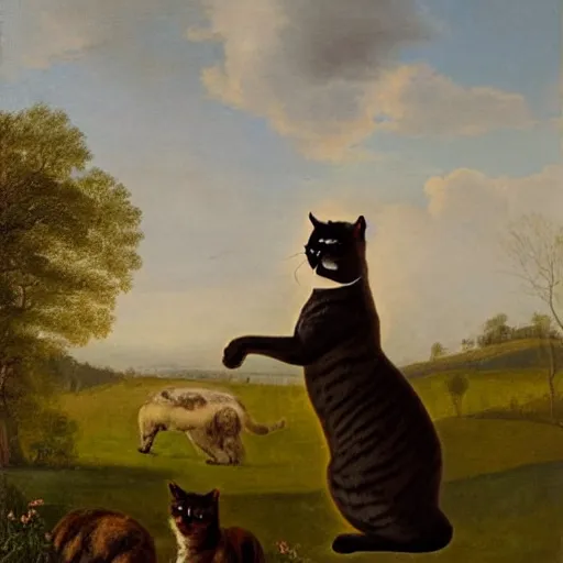 Image similar to oil painting by george stubbs of a giant cat standing in a meadow with a man wearing 1 8 th century clothing.
