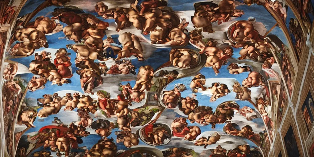 Image similar to a man drinking beer and watching soccer on the television - painted fresco on the ceiling of the cistine chapel