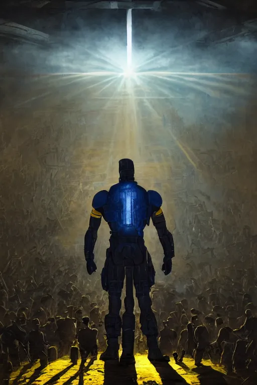 Prompt: A distant view shot from behind of a super soldier with blue and yellow flag in his hand while he is standing on a huge pile of skulls in triumph after the war, head is up, flag in hands up, dark atmosphere, nuclear war, bright rays of light, beams of light, intricate, volumetric lighting, volumetric lights, highly detailed, smooth, artstation, concept art, сinematic lighting, insanely detailed, smooth, sharp focus, Artstation, 8k, unreal engine, hyper realistic, steampunk style, bright background, moonlight, volumetric lighting, wallpaper, digital illustration by Ruan Jia and Mandy Jurgens and Artgerm and Wayne Barlowe and Greg Rutkowski and Frank Frazetta