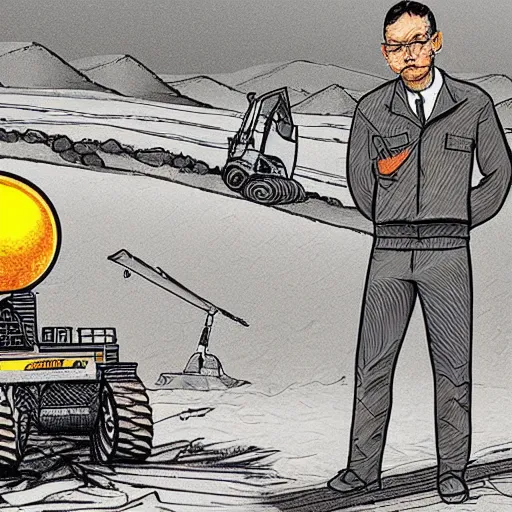 Image similar to in the distance, in the center of a large sandy quarry, a large golden ball lies in the sand, a broken excavator and a man in military uniform standing nearby, stylization of a book illustration, high quality, depth of sharpness, emphasis and focus on the golden ball