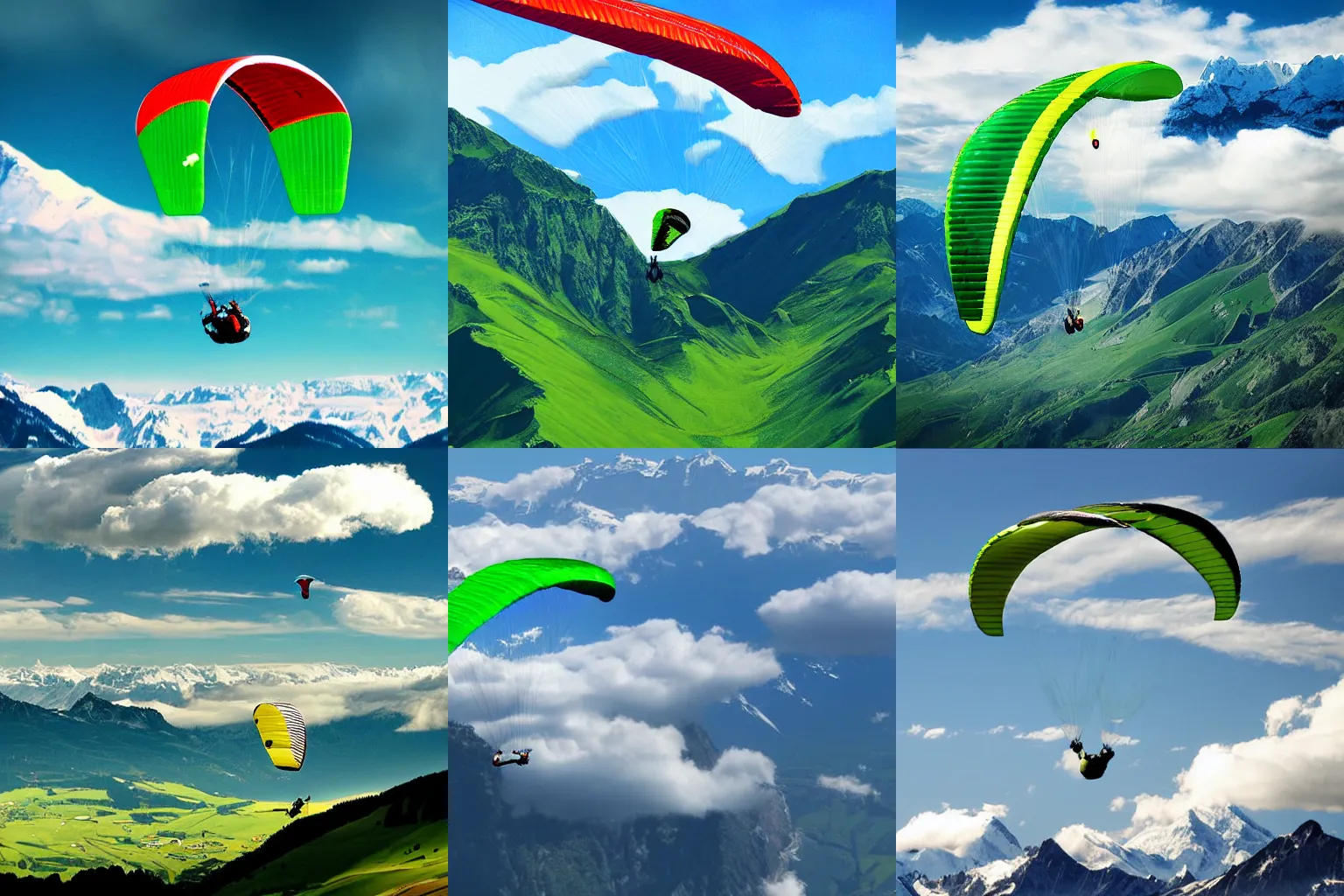 Prompt: green paraglider flying over the alps, digital art, cumulus clouds