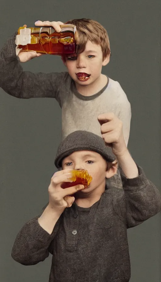 Image similar to a realistic portrait of a boy from canada drinking a whole bottle of maple syrup, annie leibovitz, highly detailed