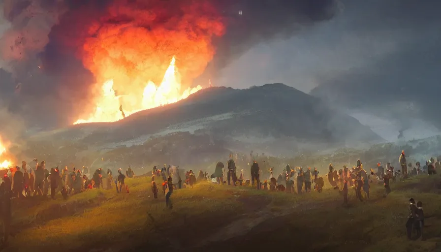 Image similar to people on a hill watching humongous explosion in the distance, fire, ashes and smoke columns at night, hyperdetailed, artstation, cgsociety, 8 k