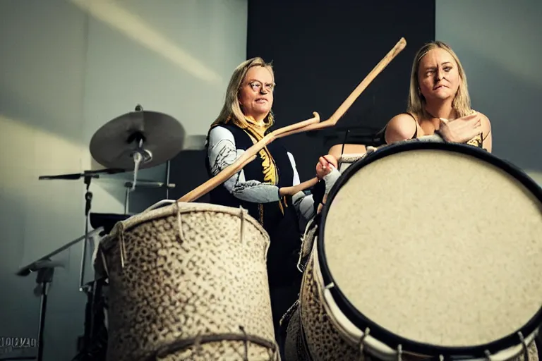 Prompt: A photo of The Prime Minister of Sweden, Magdalena Andersson, playing a drums on stage. character photography, Exquisite detail, post-processing, moody light, bokeh, photorealistic. Photo by Stanley Kubrick