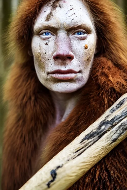 Image similar to a professional portrait photo of a gentle strong neanderthal woman in the forest in winter holding a spear, freckles and mud on face, black stripe painted side to side across her eyes, ginger hair and fur, extremely high fidelity, natural lighting,