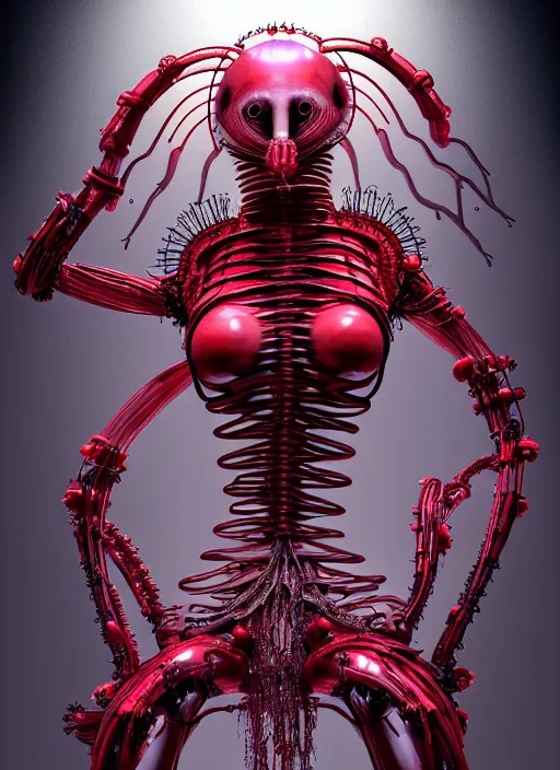Image similar to gothic inflateble baroque puffy red dress, perfect symmetrical body, helmet on face, full body shot, alien, plant predator, guyver, giger, wires, tubes, veins, jellyfish, white biomechanical details, wearing epic bionic cyborg implants, masterpiece, intricate, biopunk, vogue, highly detailed, artstation, concept art