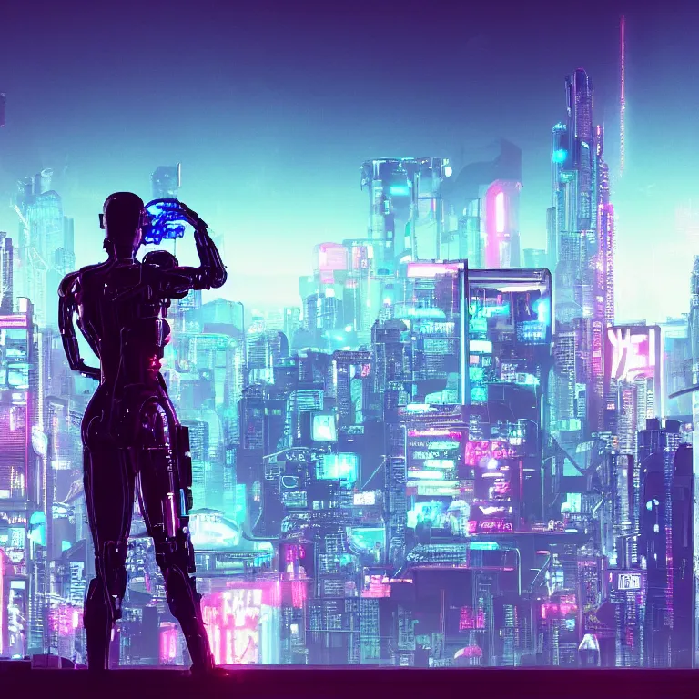 Image similar to A cyberpunk synthwave cyborg android staring out at the city below through a window