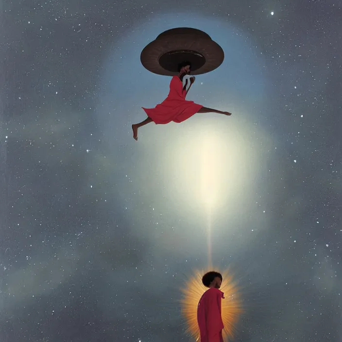 Image similar to UFO hovering over an African Jesus ,painting by Hsiao-Ron Cheng,