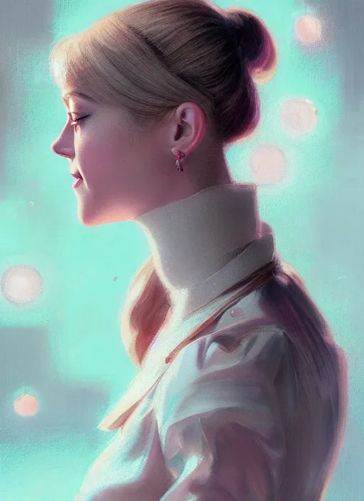 Image similar to portrait of lili reinhart, smiling kindly, bangs, 1 9 6 0 s, ponytail, bangs and ponytail, intricate, elegant, glowing lights, highly detailed, digital painting, artstation, concept art, smooth, sharp focus, illustration, art by wlop, mars ravelo and greg rutkowski