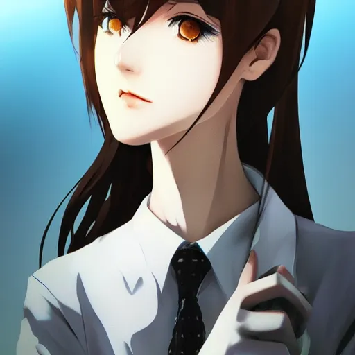 Image similar to illustration of kurisu makise in the style of ryohei fuke, ilya kuvshinov, concept art, trending, luminecent eyes fine details, realistic shaded lighting, detailed eyes, pretty face