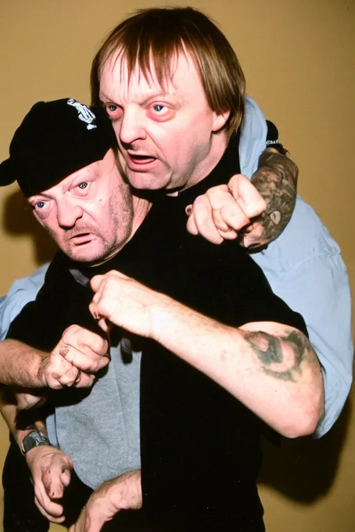 Prompt: Mark E Smith strangling Fred Durst