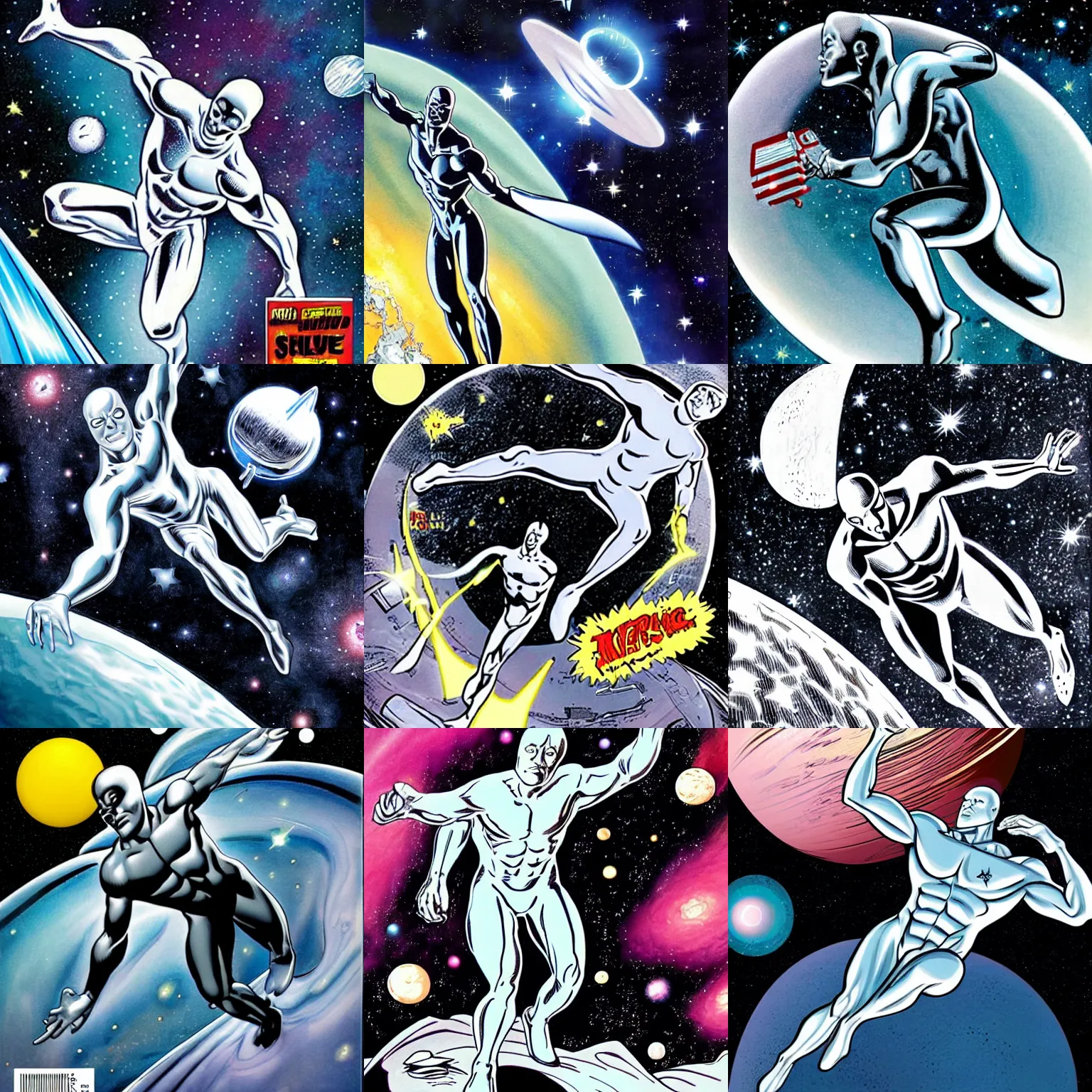Prompt: silver surfer in space