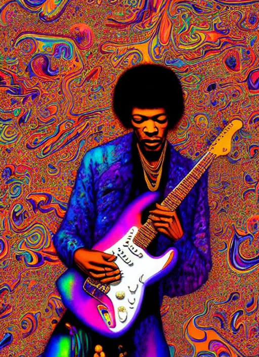 Prompt: hyper detailed 3d render like a Oil painting - Jimi Hendrix aerochrome and milky Fruit playing a white left-handed stratocaster guitar with his teeth, iridescent paisley patterns by Jacek Yerka, Ilya Kuvshinov, Mariusz Lewandowski, Houdini algorithmic generative render, Abstract brush strokes, Masterpiece, Edward Hopper and James Gilleard, Zdzislaw Beksinski, Mark Ryden, Wolfgang Lettl, hints of Yayoi Kasuma, octane render, 8k