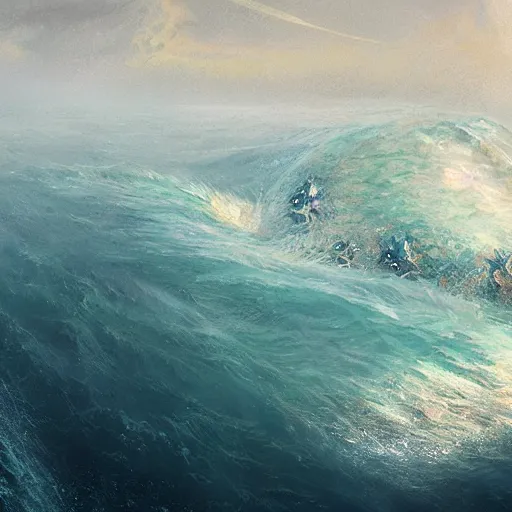 Prompt: Kaiju dividing the ocean by greg rutkowski, Mandy Jurgens