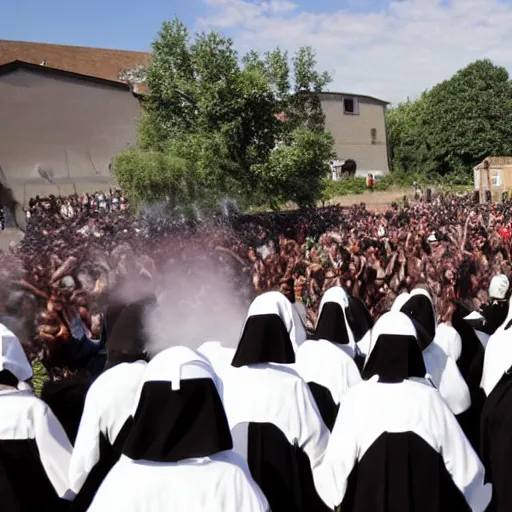 Prompt: Fecal matter sprayed on a crowd of nuns dancing outdoors