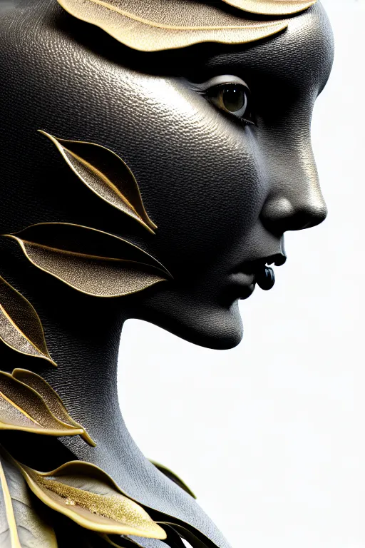 Image similar to soft bw close - up profile face, black background, beautiful young porcelain vegetal - dragon - cyborg - female, 1 5 0 mm, beautiful natural soft rim light, silver gold details, magnolia leaves and stems, roots, mandelbot fractal, elegant, ultra detailed, white metallic armour, octane render, h. r. giger style