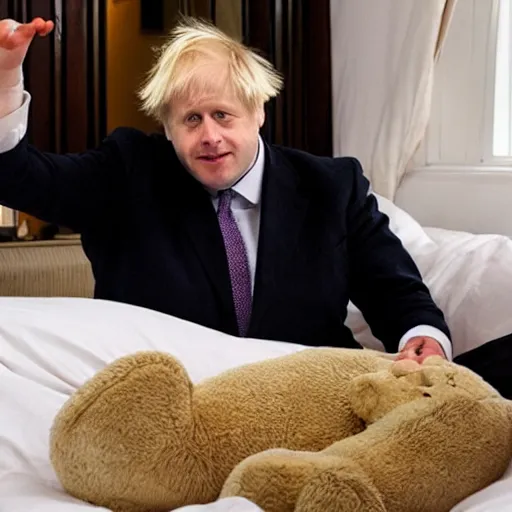 Prompt: boris johnson tucked in bed cuddling a teddy