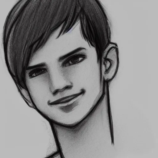 Image similar to sketch of a smiling teenage boy with very short side part hair smiling trending on artstation